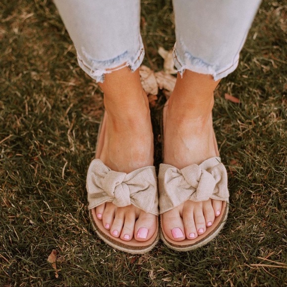 Beige Slip On Linen Fabric Bow Sandals - Picture 2 of 14